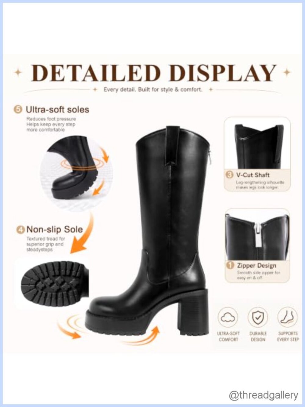 Knee High Western Boots Leather Platform Chunky Block Heel Tall - Picture 3 of 6